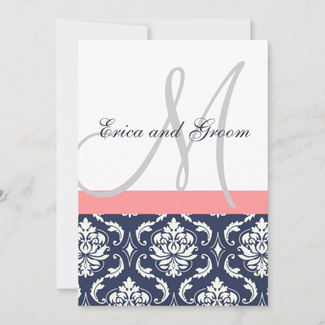 Dunkle Navy Damask Coral Monogram Weditation Einla Einladung (Vorderseite)