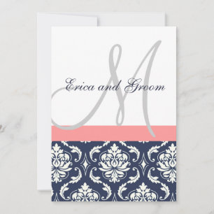 Dunkle Navy-Damask-Korallen-Monogramm-Hochzeits-Ei Einladung