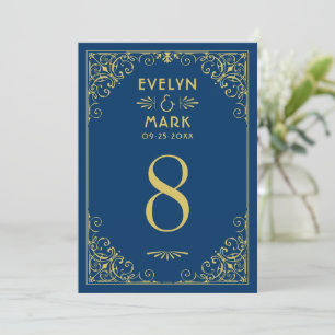 Dunkle Navy Gold Art Deco Hochzeit Tischnummer