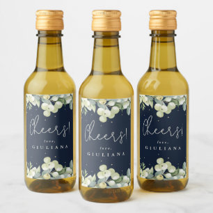 Dunkle Navy Snowberry+Eucalyptus Bachelorette Mini Weinetikett