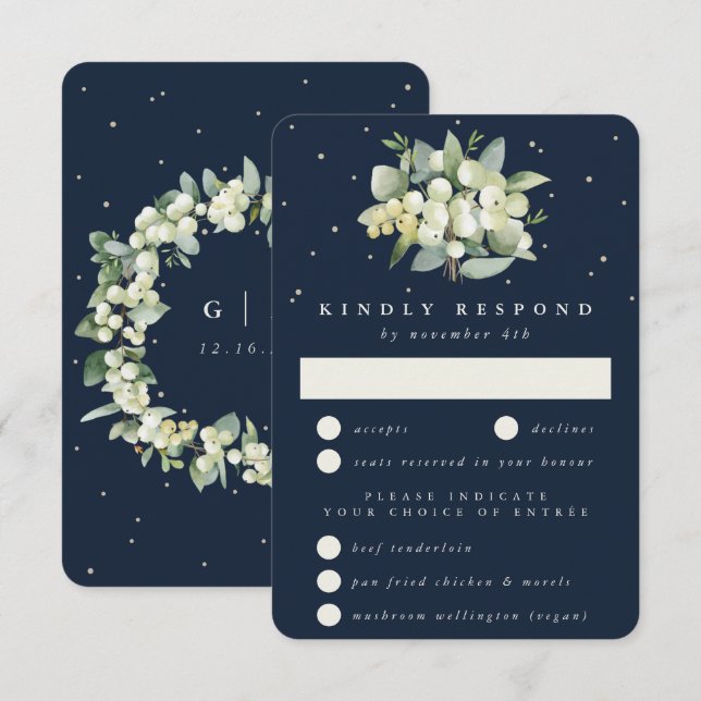 Dunkle Navy Snowberry+Eucalyptus Bouquet Wedding RSVP Karte (Vorne/Hinten)