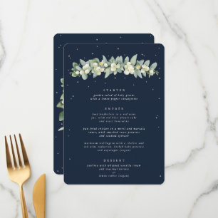 Dunkle Navy Snowberry+Eukalyptus 3 Kurs Hochzeit Menükarte