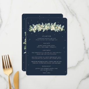 Dunkle Navy Snowberry+Eukalyptus 4 Kurs Hochzeit Menükarte
