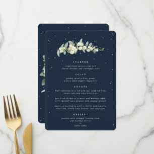 Dunkle Navy Snowberry+Eukalyptus 4 Kurs Hochzeit Menükarte