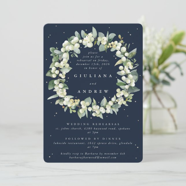 Dunkle Navy Snowberry+Eukalyptus Wedding Probe Einladung (Stehend Vorderseite)