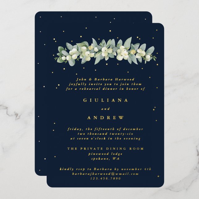 Dunkle Navy Snowberry+Eukalyptus Wedding Probe Folieneinladung (Vorderseite/Rückseite)
