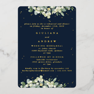 Dunkle Navy Snowberry+Eukalyptus Wedding Probe Folieneinladung