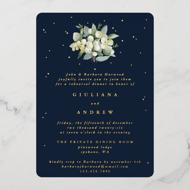 Dunkle Navy Snowberry+Eukalyptus Wedding Probe Folieneinladung (Vorderseite)