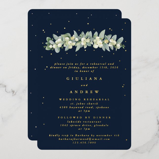 Dunkle Navy Snowberry+Eukalyptus Wedding Probe Folieneinladung (Vorderseite/Rückseite)