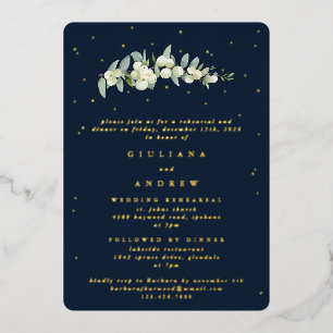 Dunkle Navy Snowberry+Eukalyptus Wedding Probe Folieneinladung
