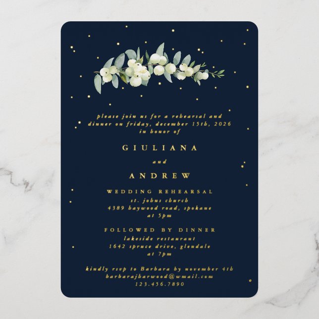 Dunkle Navy Snowberry+Eukalyptus Wedding Probe Folieneinladung (Vorderseite)