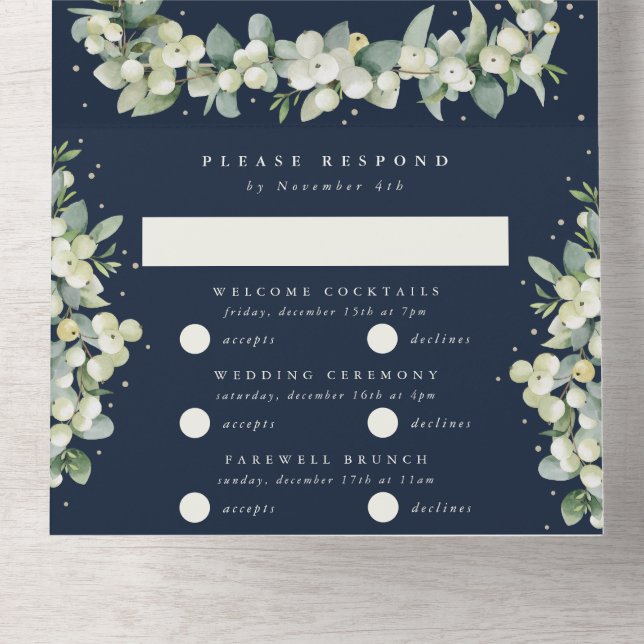 Dunkle Navy Snowberry+Eukalyptus Winter Wedding All In One Einladung (Innen Abgelegt)