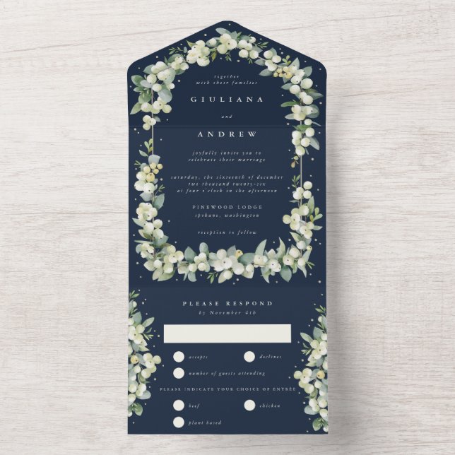Dunkle Navy Snowberry+Eukalyptus Winter Wedding All In One Einladung (Innen)