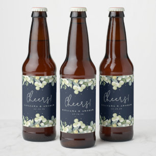 Dunkle Navy Snowberry+Eukalyptus Winter Wedding Bierflaschenetikett