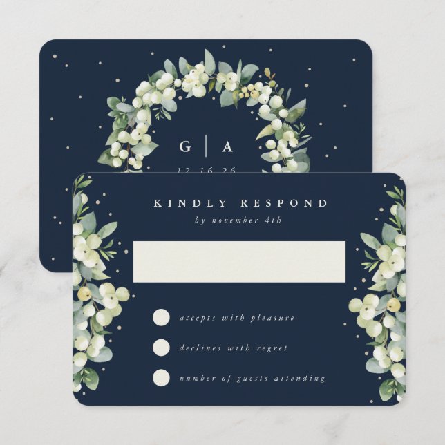 Dunkle Navy Snowberry+Eukalyptus Winter Wedding RSVP Karte (Vorne/Hinten)