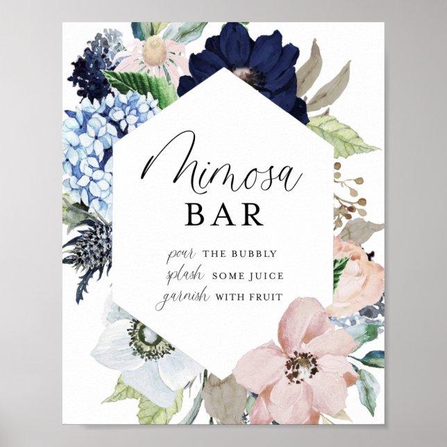 Dunkle Navy und Blush Floral Frame Mimosa Bar Poster (Vorne)