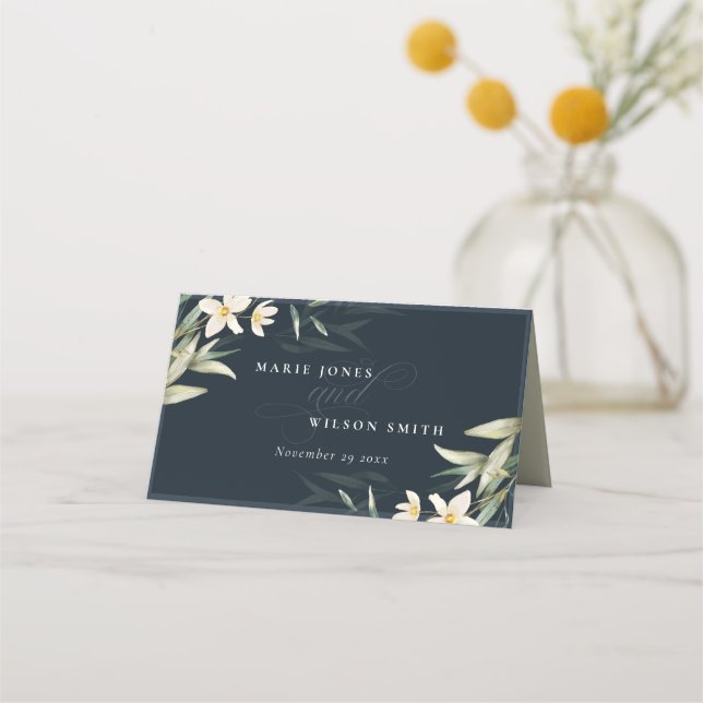 Dunkle Navy Weiß Greenerie Blumenzwiebeln Hochzeit Platzkarte (Vorderseite)