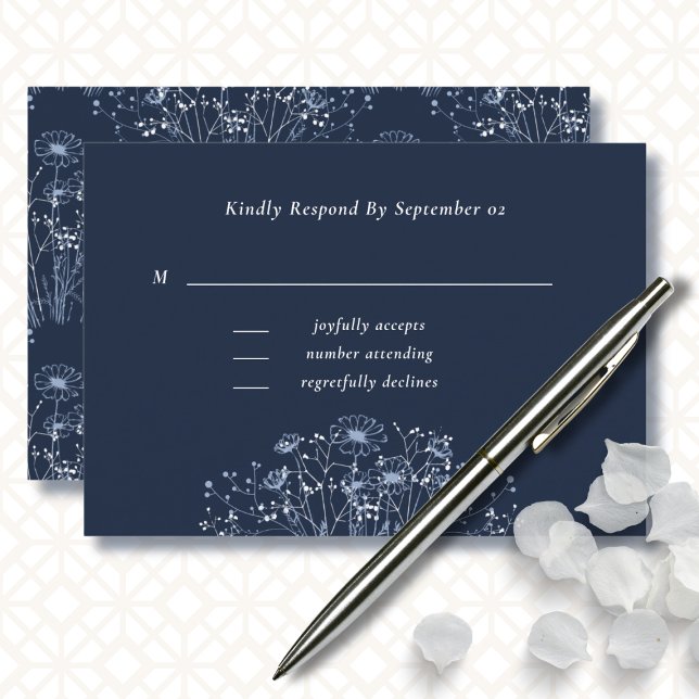 Dunkle Navy White Blue Wildblume Wedding RSVP (Von Creator hochgeladen)