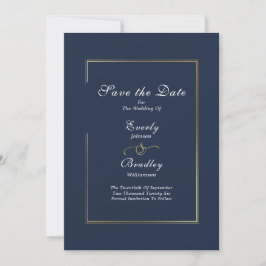 Dunkle Navy White Script Gold Border Save the Date Einladung