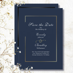 Dunkle Navy White Script Gold Border Save the Date Einladung