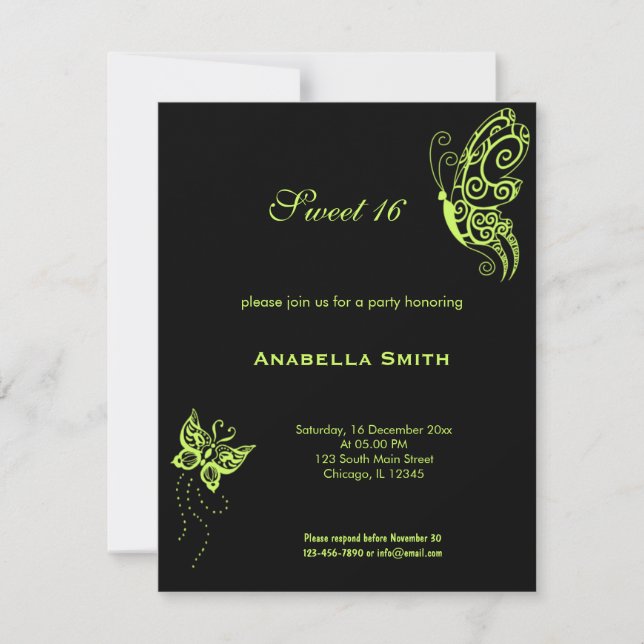 Dunkle Olive Green Sweet 16 Schmetterlinge Einladung (Vorderseite)