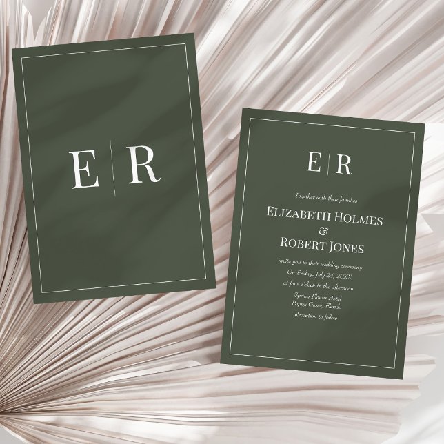 Dunkle Olive Minimalistische Monogramm Non-Foto-Ho Einladung (Dark Olive Minimalist Monogram Non Photo Wedding Invitation on a sunny neutral dry palm leaf.)