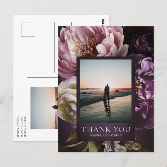 Dunkle Purpurfarbene Florale Hochzeits-Dankeskarte Postkarte (Vorne/Hinten)