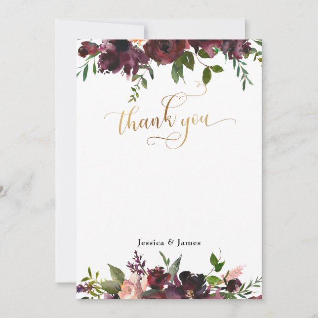 Dunkle Red Burgundy Floral Gold Flat Danke Karte (Vorderseite)