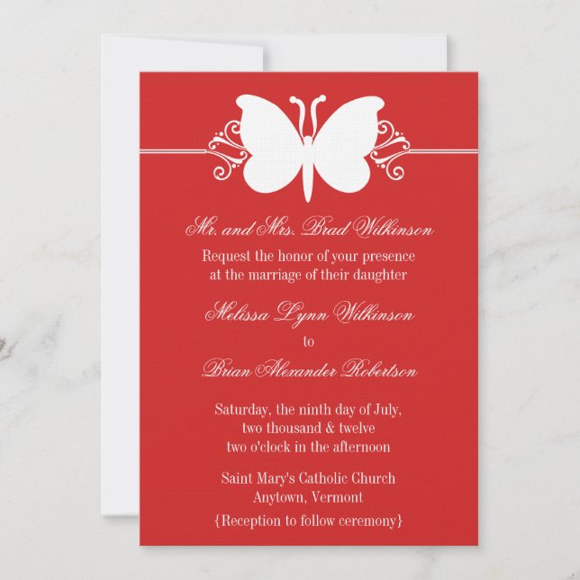 Dunkle Red Butterfly-Wirbel Hochzeitsempfang Einladung (Vorderseite)