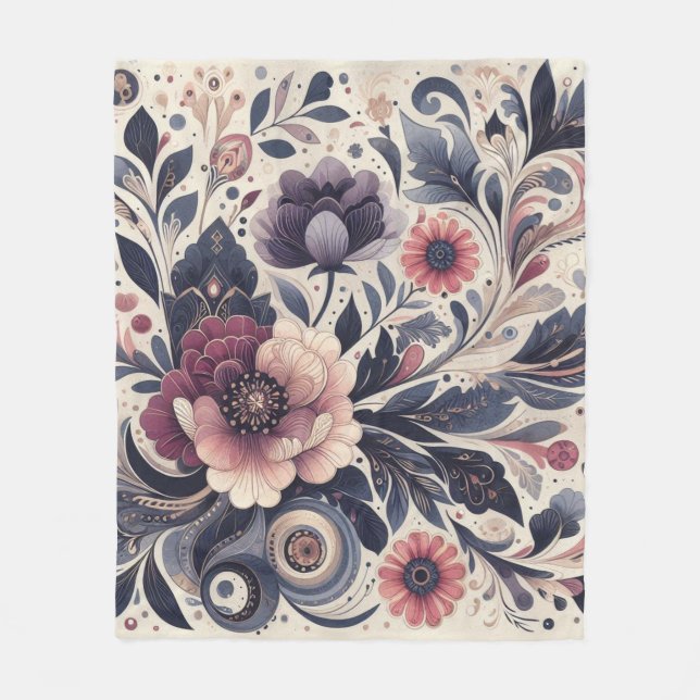 Dunkle Romance Burgund Art Deco Blumen Sommer Fleecedecke (Vorderseite)