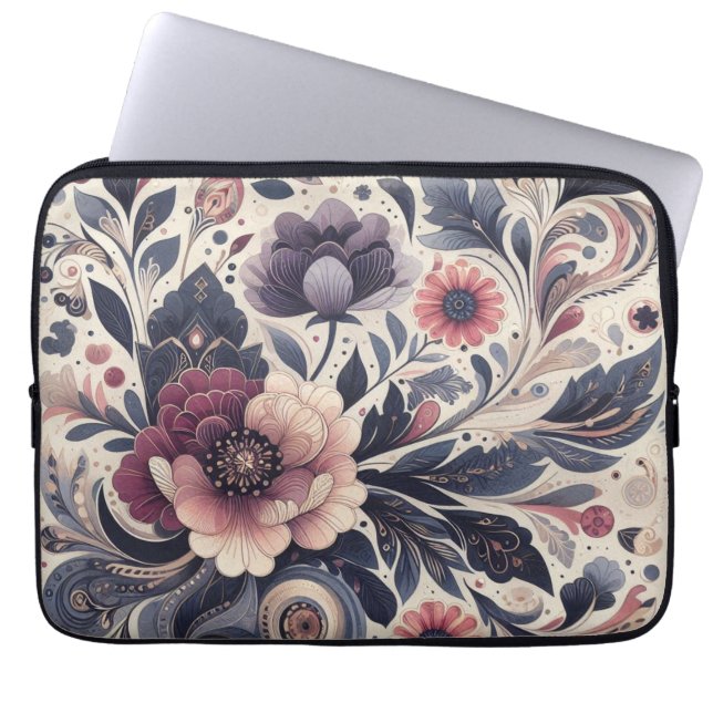 Dunkle Romance Burgund Art Deco Blumen Sommer Laptopschutzhülle (Vorderseite)