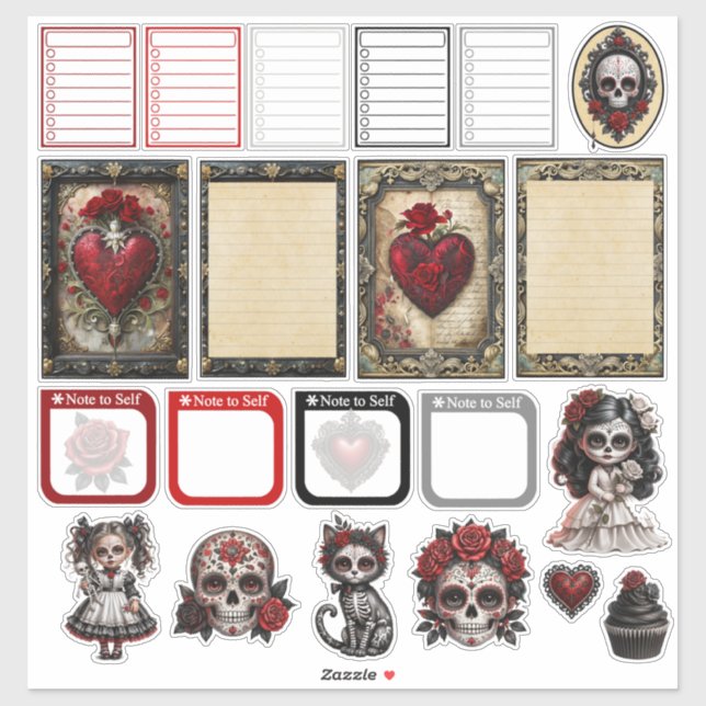 Dunkle Romantik Zucker Schädel 3 Aufkleber (Blatt)
