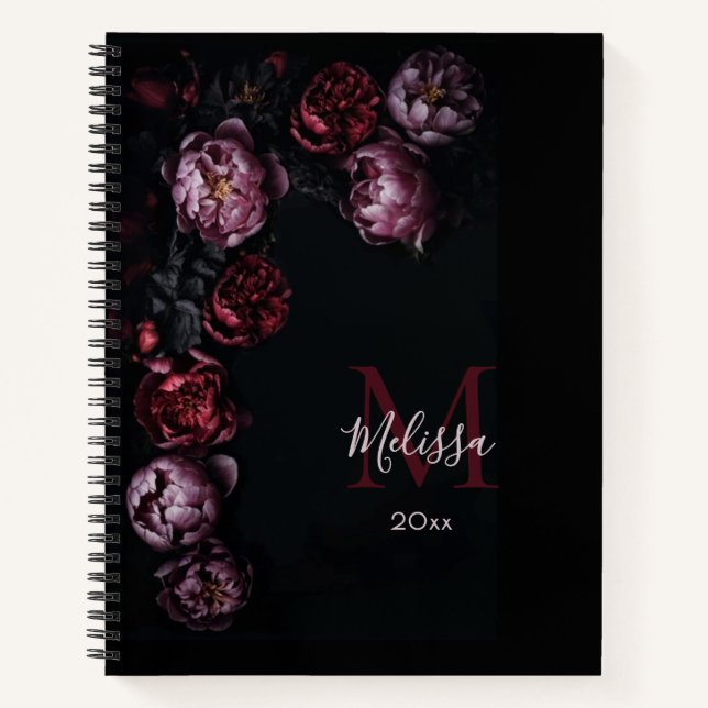 Dunkle romantische 3D-Blumen schwarzes Monogramm Notizbuch (Vorderseite)