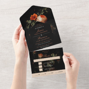 Dunkle romantische florale Rosen niederländischer All In One Einladung