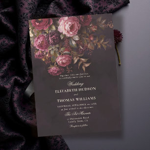 Dunkle Romantische Moody Florale Burgunder Hochzei Einladung