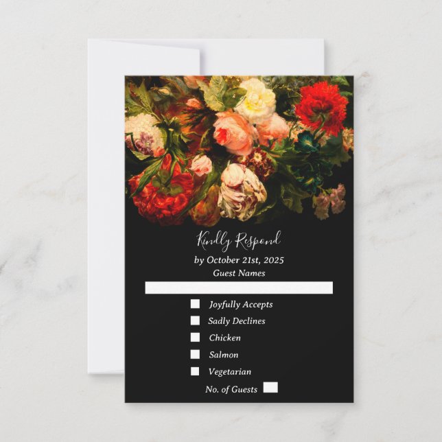 Dunkle romantische, stimmungsvolle, elegante Blume RSVP Karte (Vorderseite)