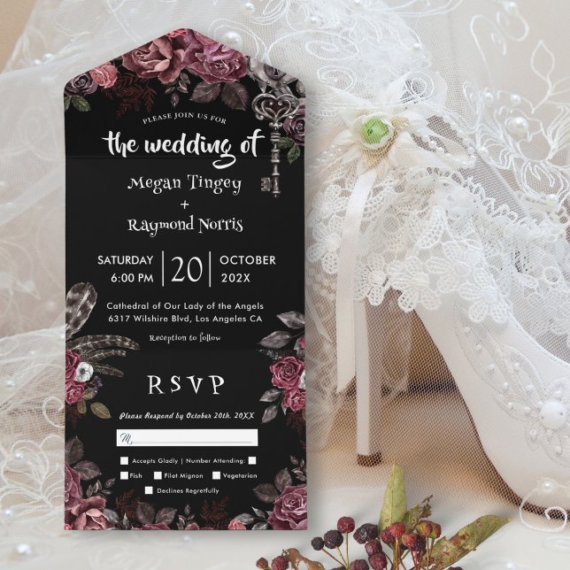 Dunkle Rose Black Florals Gothic Wedding All In One Einladung (Von Creator hochgeladen)