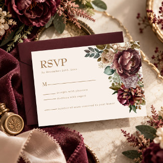 Dunkle Rose Burgund Ivory Blumen Hochzeit im Winte RSVP Karte