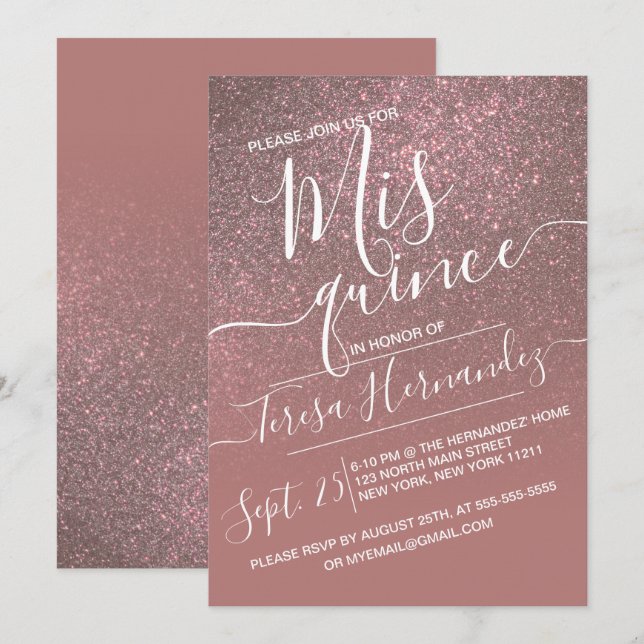 Dunkle Rose Gold Funkelnd Glitzer Ombre Quinceañer Einladung (Vorne/Hinten)