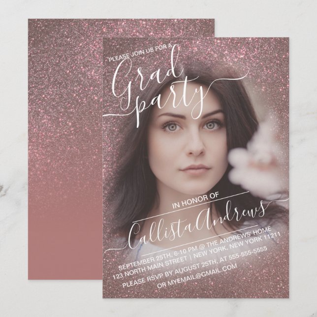 Dunkle Rose Gold Glitzer Ombre Foto Abschluss Einladung (Vorne/Hinten)