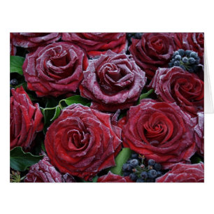 Dunkle Rote Rosen auf einem Grab gefroren