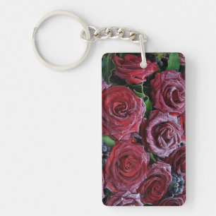 Dunkle Rote Rosen auf einem Grab gefroren Schlüsselanhänger
