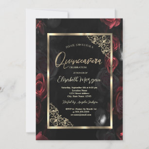 Dunkle Rote Rosen Gold Rahmen Black Quinceñera Einladung