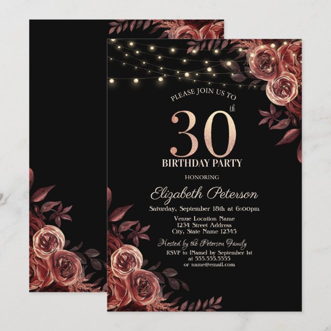 Dunkle Rote Rosen, String Lights Black 30. Geburts Einladung (Vorne/Hinten)