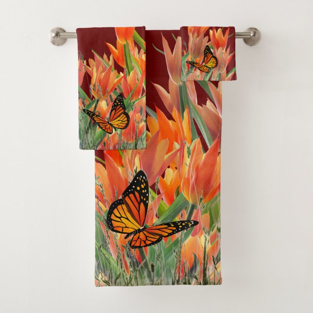 Dunkle rote Schmetterlinge & Tulips Badetuch Set (Insitu)