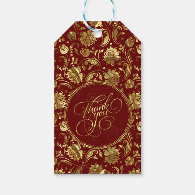 Dunkle rote und metallische goldene Floral Damasks Geschenkanhänger (Vorderseite)