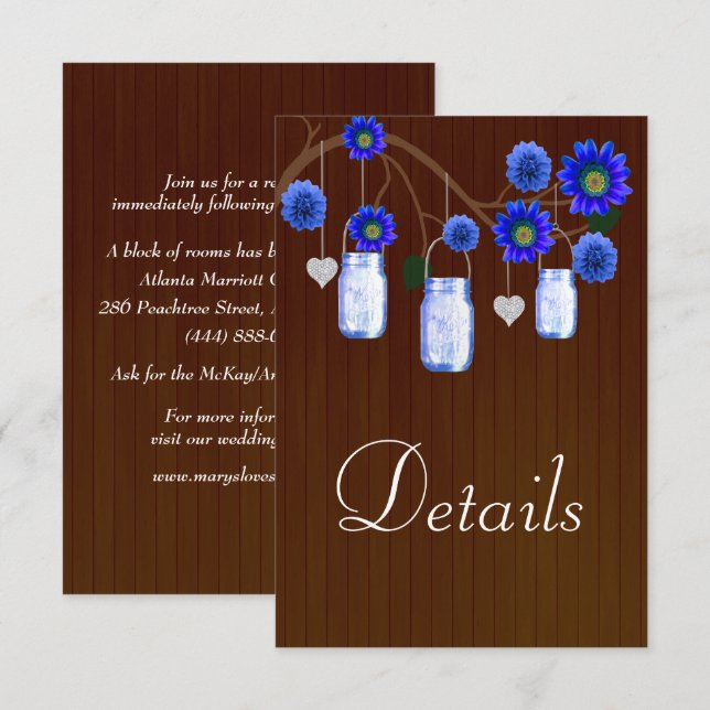 Dunkle Rustikal Blue Floral Mason Jars Hochzeitdet Begleitkarte (Vorne/Hinten)