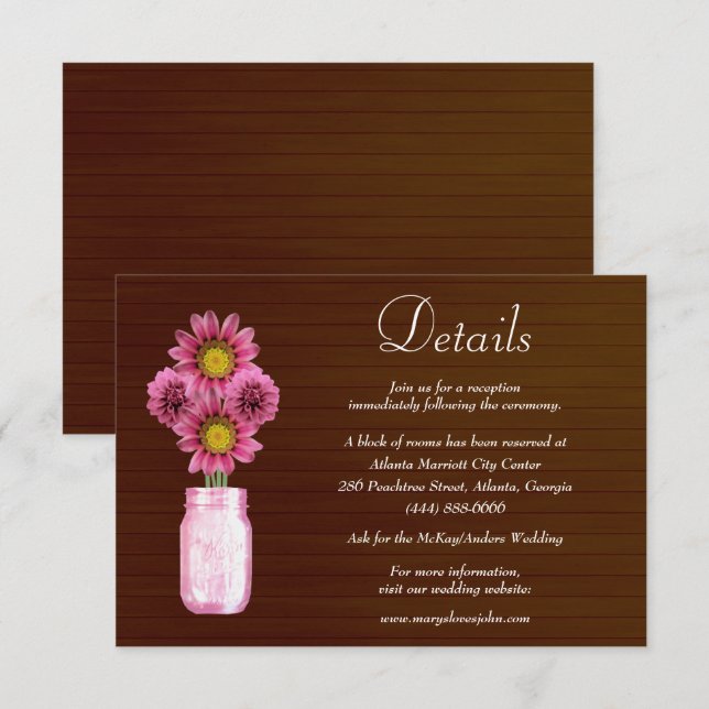 Dunkle rustikal rosa Blumenmason Jar Hochzeitdetai Begleitkarte (Vorne/Hinten)