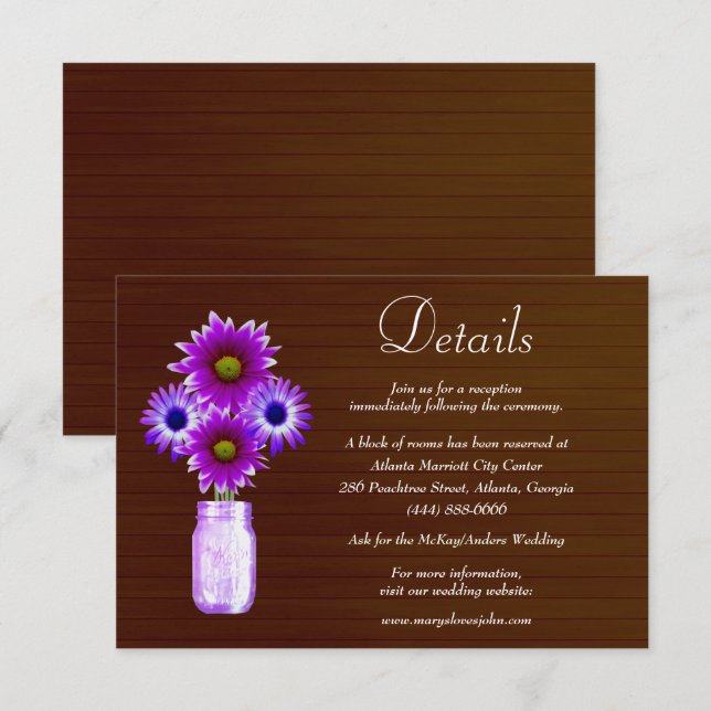 Dunkle Rustikale Lila Blumenmason Jar Hochzeitdeta Begleitkarte (Vorne/Hinten)