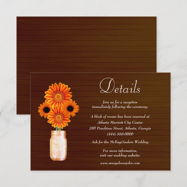 Dunkle rustikale Orange Floral Mason Jar Hochzeitd Begleitkarte (Vorne/Hinten)